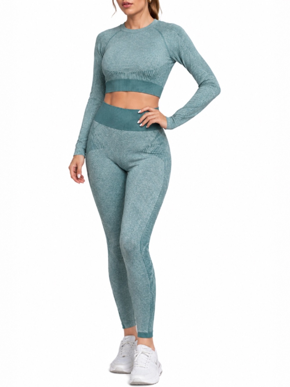 Teal Seamless Activewear Set Crop Top Leggings Gym Yoga Pilates S
